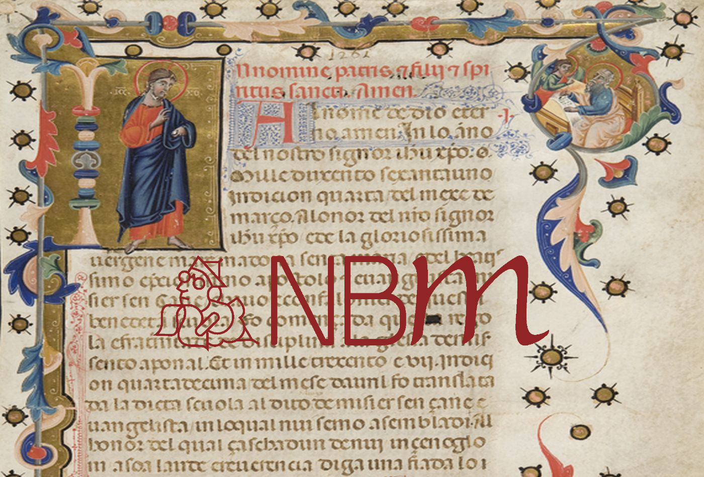 Sezione Beni culturali, immagine segnaposto dei Manoscritti, con logo NBM - Nuova Biblioteca Manoscritta - sovrapposto ad un foglio di manoscritto miniato con scrittura e raffigurazione di due Santi