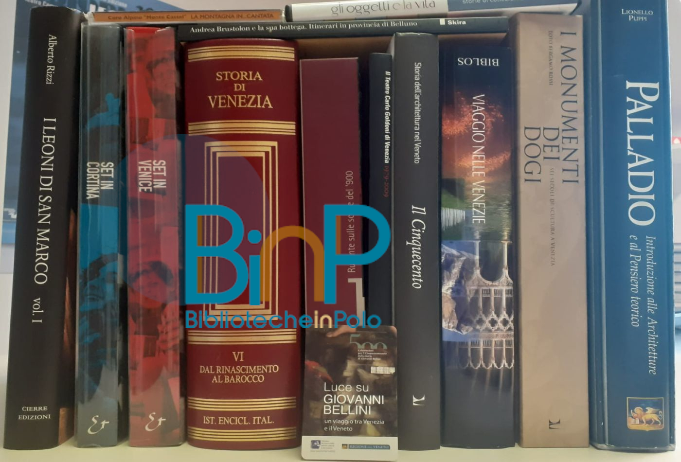 Sezione Beni culturali, Risorse bibliotecarie, immagine segnaposto con logo BINP - Biblioteche in Polo - sovrapposto al profilo di nove libri di colori e formati diversi, un cd e un dvd di storia e cultura veneta