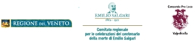 logo della Regione del Veneto, logo del Comitato regionale per le celebrazioni di Emilio Salgari, logo del Consorzio Pro Loco Val Policella
