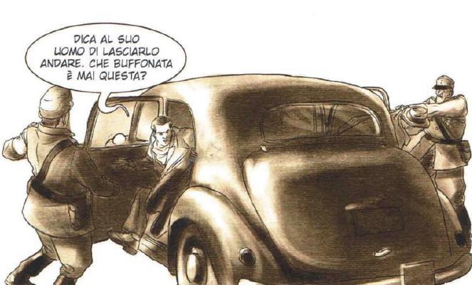"Perlasca nel fumetto", immagine di Giorgio Perlasca con baloon -  Fondazione Perlasca