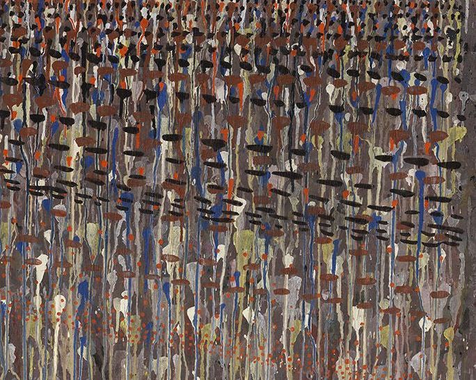 Dipinto con macchie di colore orizzontali e verticali su fondo marrone.