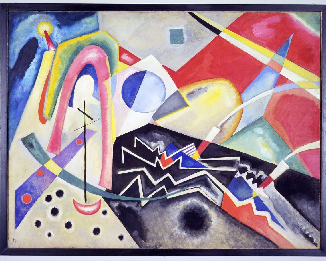 Quadro astratto con diversi colori e forme tra cui zigzag bianchi su sfondo nero