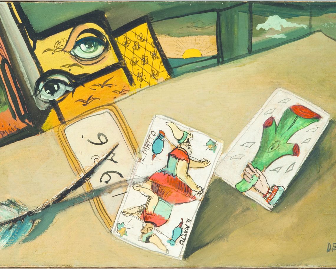 Dipinto a colori raffigurante natura morta con tarocchi ed altri elementi