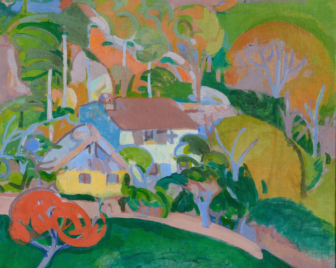 Paesaggio naif a colori vivaci con case e vegetazione