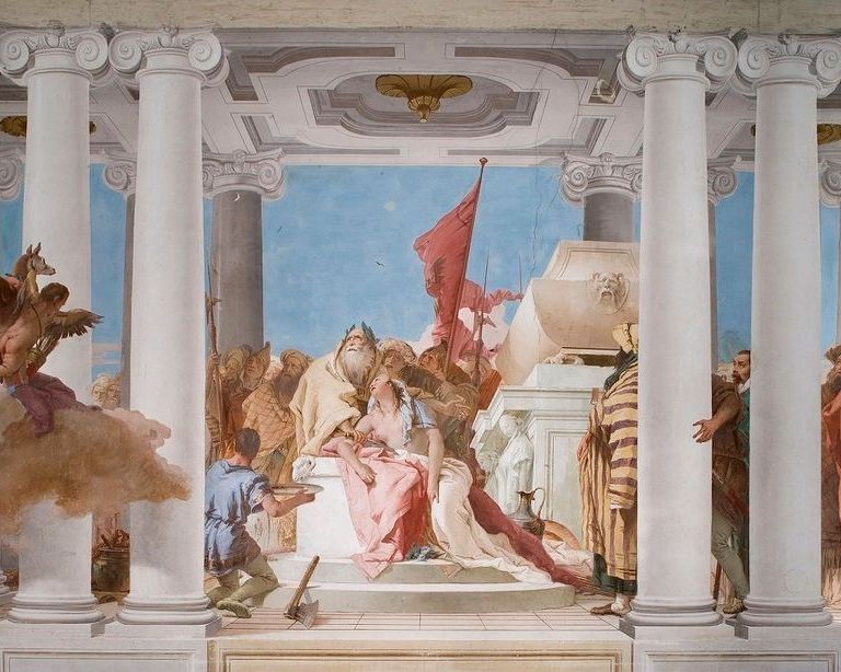 Rappresentazione del sacrificio di Ifigenia su sfondo azzurro tra colonne ioniche