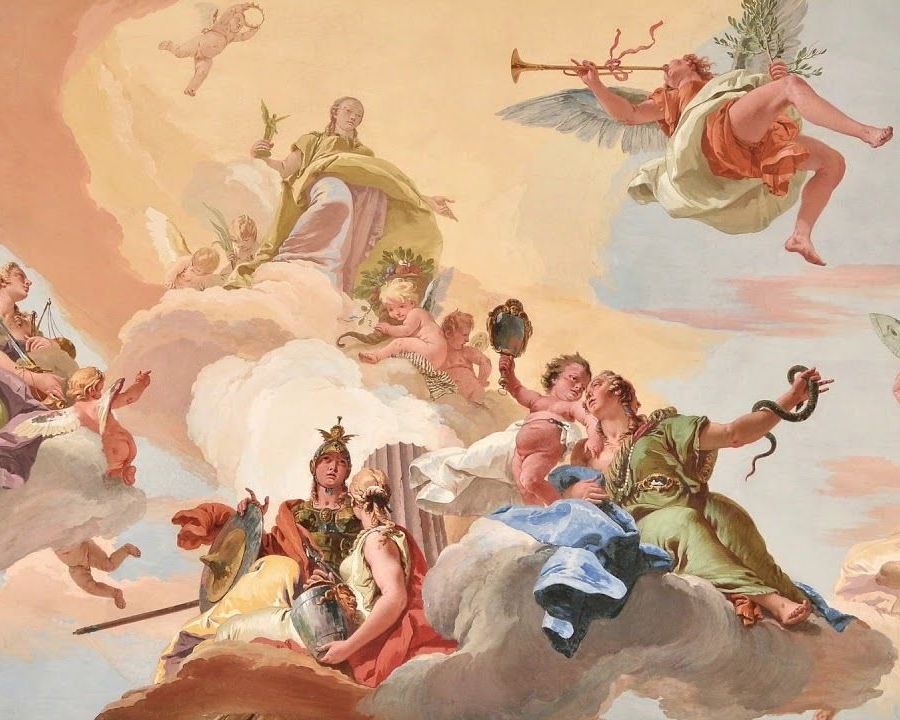 Dipinto sul soffitto con allegorie femminili della Gloria, della Fama e delle quattro Virtù cardinali
