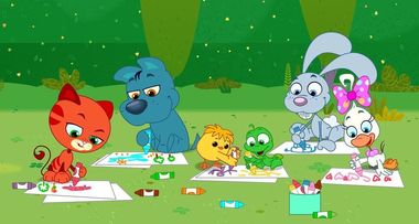 Da sinistra a destra sono raffigurati: la gatta Olly, il cane Portatile, il pulcino Senzanome, la rana Pio, il coniglio Cilindro e la papera Diva. I personaggi sono intenti a disegnare seduti su un prato.