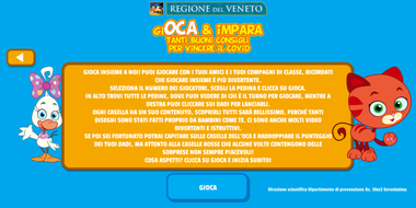 Grafica azzurra con le istruzioni per il gioco dell'oca, scritte al centro su un riquadro arancione. A lato, i personaggi della papera Diva, a sinistra, e della gatta Olly, a destra. In alto, il logo della Regione del Veneto, e sotto la scritta "Gioca e impara. Tanti buoni consigli per vincere il covid".