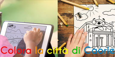 In basso c'è la scritta colorata "Colora la città di Caorle", sullo sfondo sono presenti due illustrazioni da colorare: a sinistra quella di una spiaggia, su un tablet, e a destra della chiesa, su un foglio.