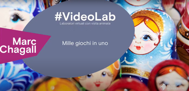 L'immagine presenta l'iniziativa "#VideoLab", descritta come "Laboratori virtuali con visita animata". Al centro, su uno sfondo grigio, si legge il titolo "Mille giochi in uno", affiancato dal nome "Marc Chagall" in un riquadro fucsia. Sullo sfondo, sono visibili alcune matrioske colorate. In basso a destra, compare il logo di "Palazzo Roverella".