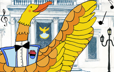 Immagine di una fenice dorata raffigurata come un direttore d'orchestra: alle sue spalle, il teatro e alcune note musicali sullo sfondo.