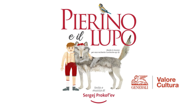 In alto titolo "Pierino e il lupo" scritto in rosso e grigio. Al centro immagine di Pierino, affiancato dal lupo. Sotto scritto "Testo e musica di Sergej Prokof'ev" e loghi di Generali e Valore Cultura.