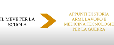Sfondo bianco con la scritta nera "Il MeVe per la scuola", seguito da una freccia e scritta gialle "Appunti di storia. Armi, lavoro e medicina: tecnologie per la guerra".
