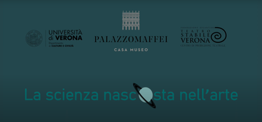 Sfondo blu scuro con la scritta azzurra "La scienza nascosta nell'arte" in basso, con l'immagine di un pianeta al posto della lettera "o". In alto ci sono i loghi e le scritte nere degli enti promotori.