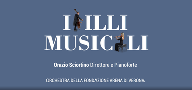 Sfondo azzurro con la scritta bianca "Idilli musicali" e sotto: "Orazio Scortino Direttore e Pianoforte" e "Orchestra della Fondazione Arena di Verona".