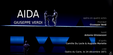 Rappresentazione teatrale de "Aida Giuseppe Verdi", con sfondo nero e blu.