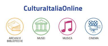 Sfondo bianco con la scritta blu "CulturaItaliaOnline" al centro. In basso ci sono delle icone di "Archivi e biblioteche", "Musei", "Musica" e "Cinema".
