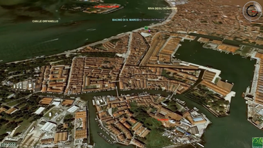 Immagine satellitare dell'Arsenale di Venezia. Si possono distinguere le isole artificiali, il bacino di San Marco e la Riva degli Schiavoni sullo sfondo.