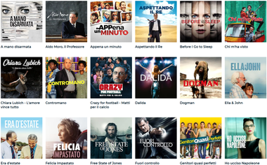 Screenshot dal sito contenente le locandine di alcuni film, in ordine: "A mano disarmata", "Aldo Moro, il professore", "Appena un minuto", "Aspettando il re", "Before I go to sleep", "Chi m'ha visto", "Chiara Lubich - l'amore vince tutto", "Contromano", "Crazy for football - matti per il calcio", "Dalida", "Dogman", "Ella & John", "Era d'estate", "Felicia impastato", "Free State of Jones", "Fuori controllo", "Genitori quasi perfetti", "Ho ucciso Napoleone".