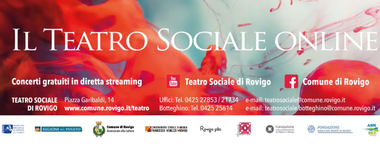 Locandina di presentazione de "Il teatro sociale online", con sfondo azzurro e rosso. A sinistra, la scritta "Concerti gratuiti in diretta streaming", con i canali social e i recapiti del Teatro Sociale. In fondo, sono presenti i loghi dei partner dell'iniziativa.