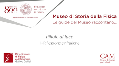 Locandina di presentazione. In alto a sinistra c'è il logo dell'Università di Padova, a destra la scritta "Museo di Storia della Fisica. Le guide del Museo raccontano...". Al centro "Pillole di luce. 1-Riflessione e rifrazione". In basso i loghi degli enti promotori.