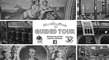 Collage di foto in bianco e nero di mostre e particolari dell'interno di Museo Palazzo Santo Stefano a Padova.