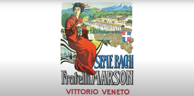 Locandina con la scritta "Seme Bachi. Fratelli Marson. Vittorio Veneto". Una donna orientale è ritratta in primo piano, mentre sullo sfondo si intravede una fabbrica.