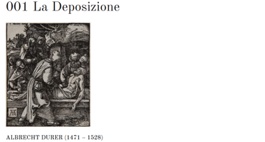 Xilografia in bianco e nero di Albrecht Dürer raffigurante la Deposizione di Cristo dalla croce, con figure sofferenti e dettagliate.
