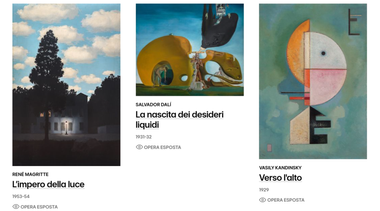 Opere d'arte della collezione Peggy Guggenheim: "L'impero della luce", "La nascita dei desideri liquidi" e "Verso l'alto".