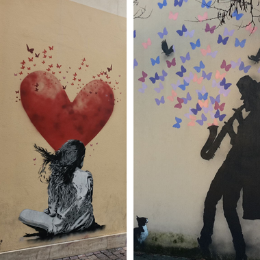Collage di due murales, una bambina di spalle con un cuore da cui partono farfalle e un sassofonista che suona da cui escono farfalle