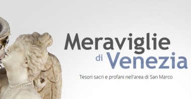 Sfondo bianco con la scritta "Meraviglie di Venezia. Tesori sacri e profani nell'area di San Marco". A sinistra è raffigurato il volto di una statua.