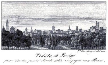 Incisione storica che ritrae il panorama di Rovigo. In basso, la scritta: "Veduta di Rovigo presa da un punto elevato della campagna verso Boara".