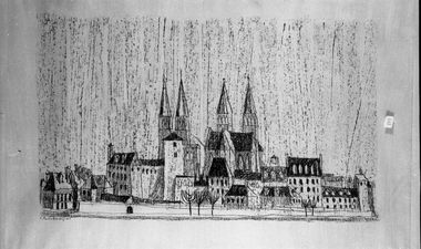 Esempio di arte grafica del Novecento raffigurante il centro di un paese con edifici religiosi e abitazioni.