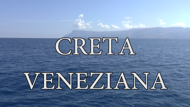 Foto di un paesaggio marittimo con al centro la scritta "Creta veneziana".