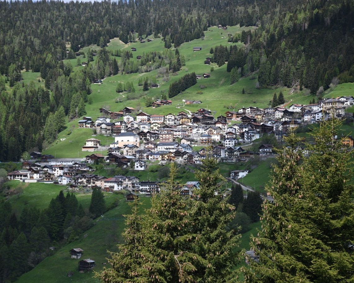 Veduta del paese tra i prati e i pini