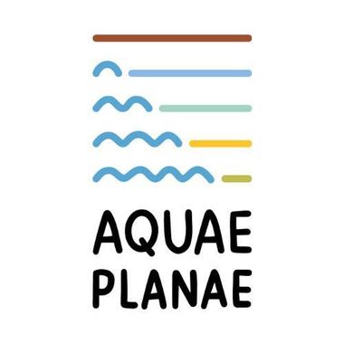 logo con pittogramma di onde e line colorate e scritta nera "Aquae Palnae"