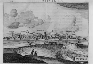 Incisione storica raffigurante una veduta panoramica di Treviso, con i suoi principali monumenti e le sue colline.
