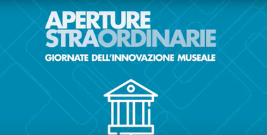 Sfondo azzurro con la scritta "Aperture straordinarie. Giornate dell'innovazione museale". Sotto, l'immagine stilizzata di un museo.