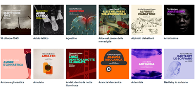 Copertine di dodici libri, in ordine: "16 ottobre 1943", "Acido lattico", "Agostino", "Alice nel paese delle meraviglie", "Alpinisti ciabattoni", "Amatissima", "Amore e ginnastica", "Amuleto", "Andai, dentro la notte illuminata", "Arancia meccanica", "Artemisia", "Bartleby lo scrivano".