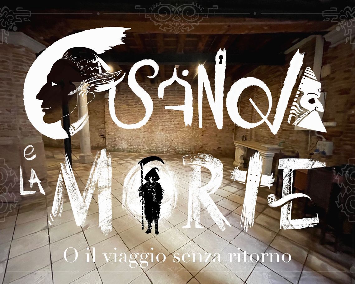 Manifesto della mostra con scritta in bianco e immagine della morte in nero