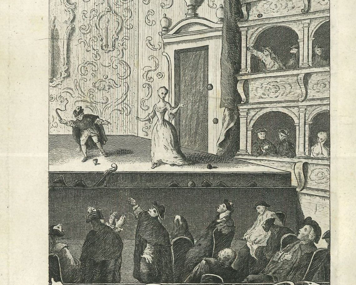 Serigrafia con rappresentazione di una commedia al Teatro Vendramin