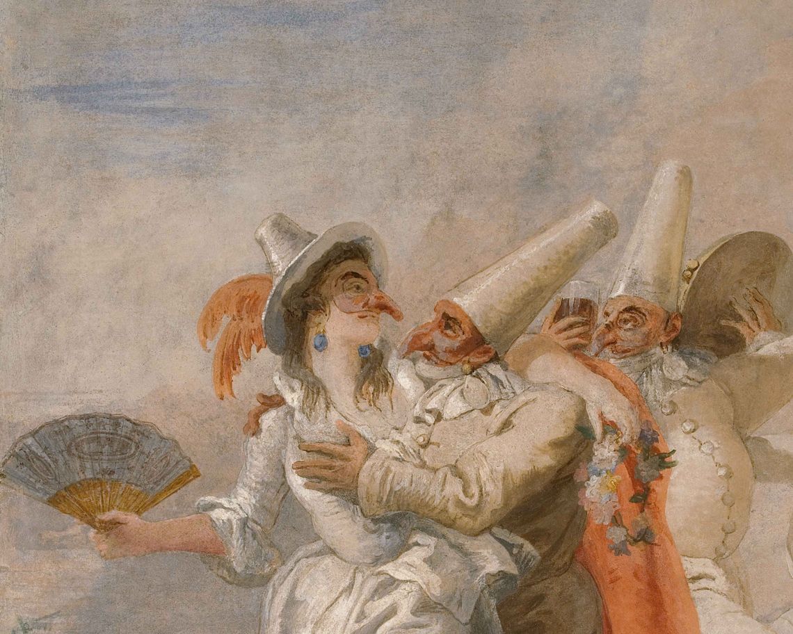 Pulcinella che abbraccia Colombina