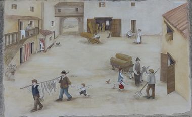 rappresentazione di un cortile rurale con persone che svolgono i diversi mestieri tradizionali