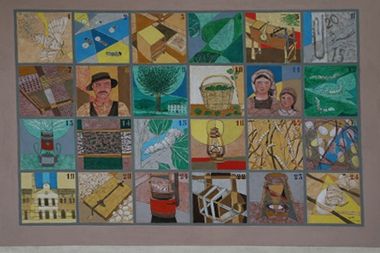 Quadro composto da 24 tasselli che rappresentano le varie fasi della lavorazione del baco