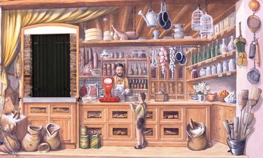 interno di un negozio di alimentari di un tempo con oggetti di uso quotidiano, granaglie, utensili, cibi freschi e conservati