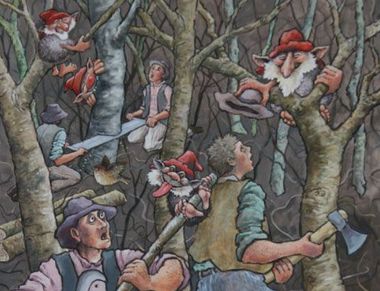 Il mazarol del bosco mentre spaventa i taglialegna