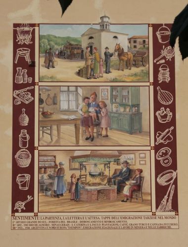 quadro tripartito in tre scene sul tema dell'emigrazione