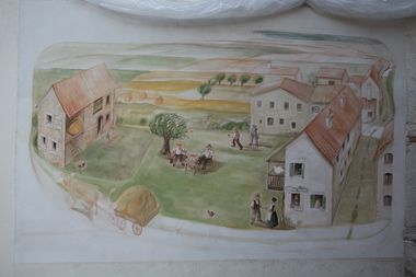 cortile tra le case con contadini al lavoro