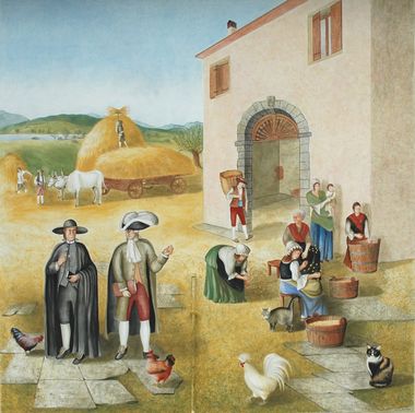 contadini al lavoto nell'aia controllati da un prelato e da un nobile