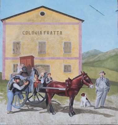 Il nobile Marinotti in piedi con una famiglia di contadini sul carro e una mamma con bimbo sulla porta della colonia